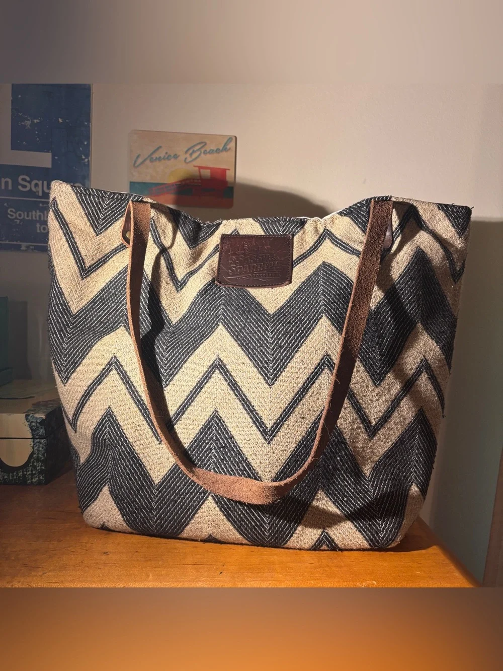 Sassy Sparrow Chevron Tote Bag - Leather Shoulder Straps, Brass Hardware